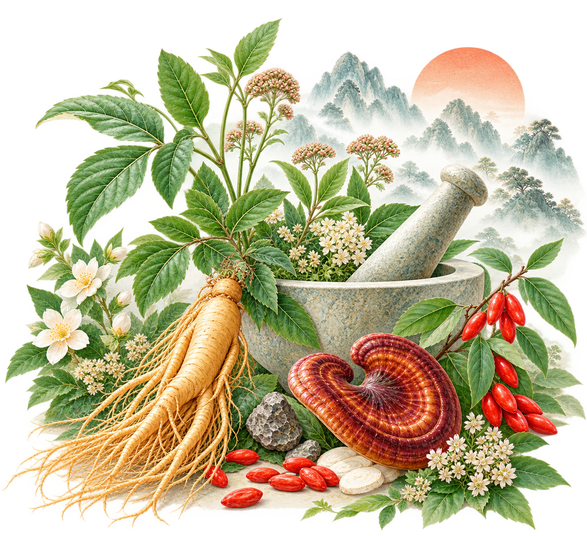 Heshoutang traditional herbs and natural wellness illustration