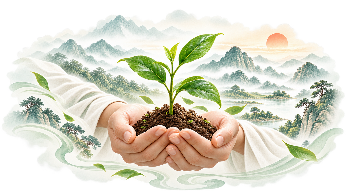 Hands nurturing a young plant, representing trust, responsibility and the values of Heshoutang