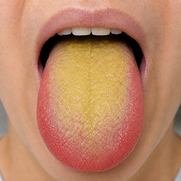Red tongue with yellow thick greasy coating